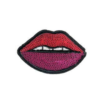 Red and pink sequins lips and embroidered white teeth on black iron-on garment sticker by piece - size 52 x 77 mm