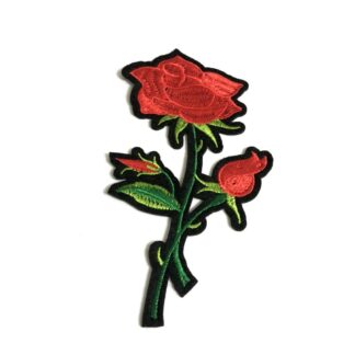 Red rose with green leaves and stem on black iron-on garment sticker by piece - size 70 x 130 mm