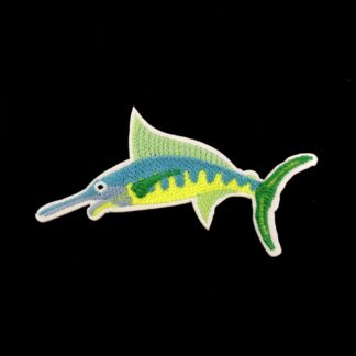 Green yellow and blue fish on white iron-on garment sticker by piece - size 50 x 95 mm