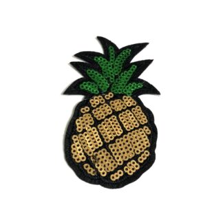 Golden and green sequins pineapple on black iron-on garment sticker by piece - size 53 x 86 mm