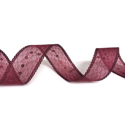 Dark red organza ribbon with sequins and loopy edges by metre - width 25 mm