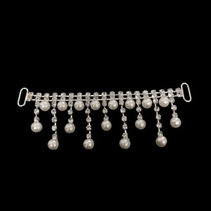 Pearly cream white beads pendants clear rhinestones silvery metal decoration - size 29 x 105 mm