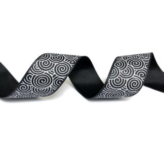 Black grosgrain ribbon with white water wave pattern by metre - width 27 mm