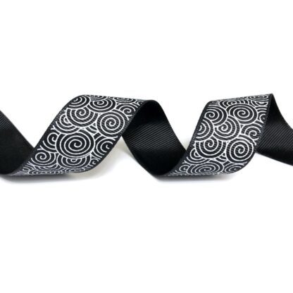 Black grosgrain ribbon with white water wave pattern by metre - width 27 mm