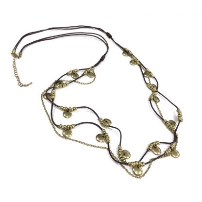 Flat round golden metal pendants and beads dark brown string necklace - circumference 98 cm
