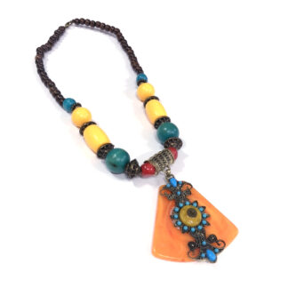 Green brown and yellow plastic and wooden beads orange and blue pendant necklace - circumference 56 cm