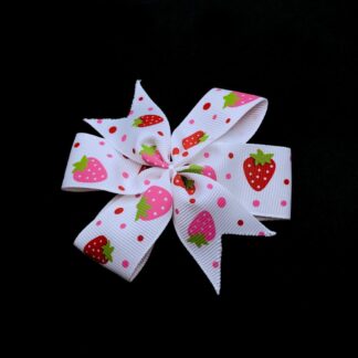 Pink and red strawberries with green leaves and polka dots grosgrain ribbon decoration - size 85 mm