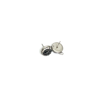 Dark grey rhinestones round silvery metal earring studs - size 12 x 16 mm - 2 pieces