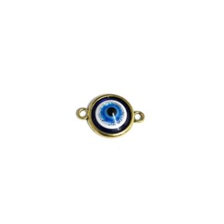 Flat golden metal round connector with glittery white blue and black evil eye cabochon - size 18 x 25 mm