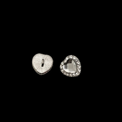 Faceted clear rhinestones heart silvery metal shank button - size 16 mm