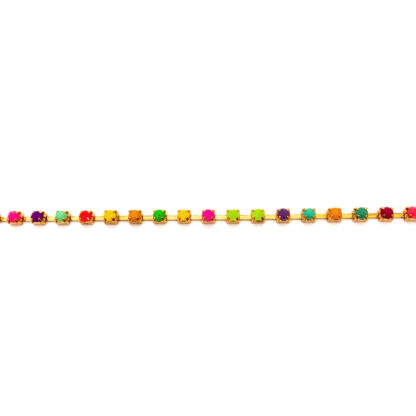 Colourful rhinestone in golden metal cup chain by metre - width 2.8 mm