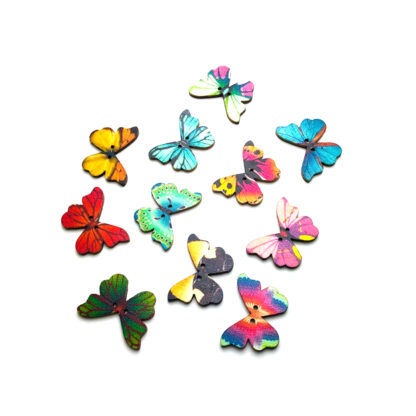 Colourful flat wooden butterfly buttons - size 21 x 28 mm - 5 pieces