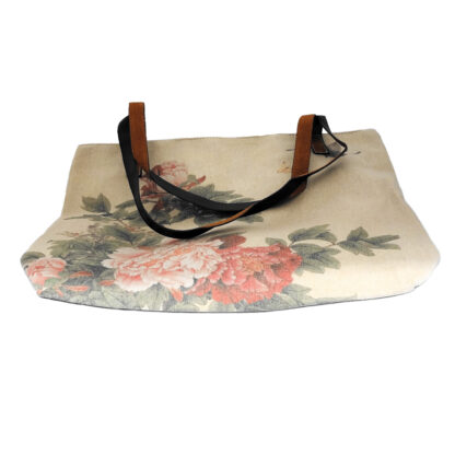 Cream hemp cotton bag with red and green flower pattern - size 380 x 450 mm