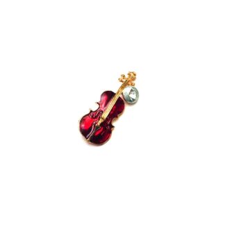 Clear round rhinestone red and golden metal violin brooch - size 19 x 52 mm