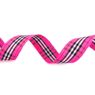 Pink polyester ribbon with black and red plaid pattern by metre - width 25 mm