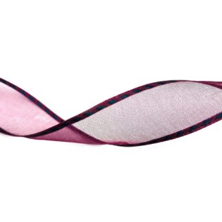 Red brown organza ribbon with blue edges by metre - width 25 mm