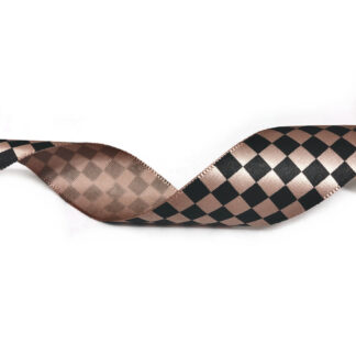 Shiny darkish beige ribbon with black checkered pattern by metre - width 25 mm
