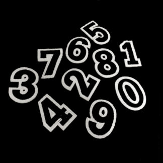 Black number digit on white iron-on garment sticker by piece - height 43 mm