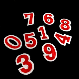 Red on white number digit iron-on garment sticker by piece - height 45 mm