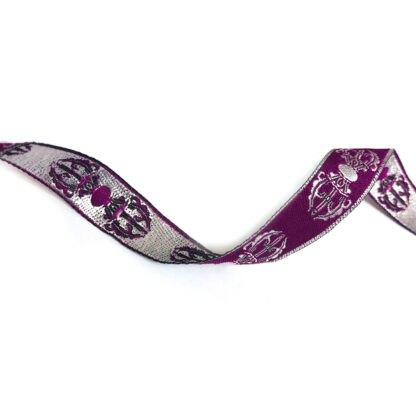 Embroided ethnic eggplant purple ribbon with silvery vajras by metre - өргөн 1.4 см