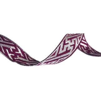 Embroided ethnic ribbon with maroon and silvery swastika pattern by metre - width 14 mm