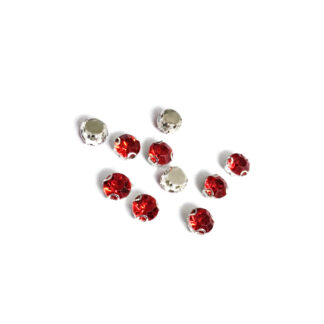 Silvery metal claws cup faceted round red sew-on rhinestones - diametre 7 mm - 10 pieces