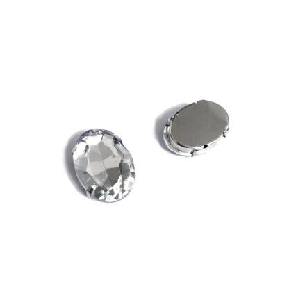 Silvery metal claws cup faceted clear sew-on oval rhinestones - size 18 x 25 mm - 2 pieces