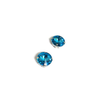Silvery metal claws cup faceted round blue sew-on rhinestones - diametre 14 mm - 2 pieces