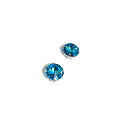 Silvery metal claws cup faceted round blue sew-on rhinestones - diametre 14 mm - 2 pieces