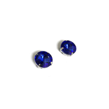 Silvery metal claws cup faceted round blue sew-on rhinestones - diametre 14 mm - 2 pieces