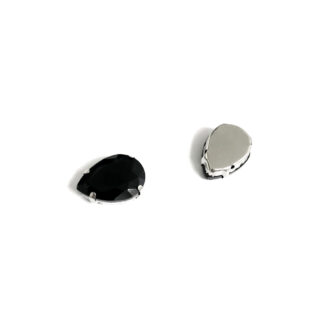 Silvery metal claws cup faceted black sew-on drop rhinestones - size 13 x 18 mm - 2 pieces