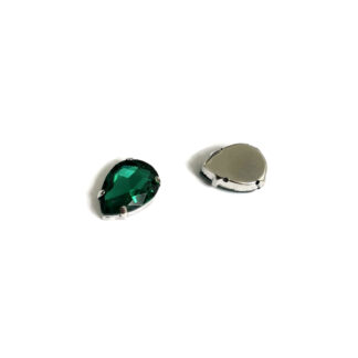 Silvery metal claws cup faceted drop green sew-on rhinestones - size 14 x 18 mm - 2 pieces