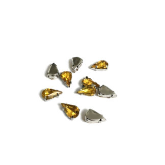 Silvery metal claws cup faceted drop reddish yellow sew-on rhinestones - size 9 x 13 mm - 10 pieces