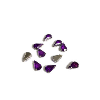 Silvery metal claws cup faceted drop light purple sew-on rhinestones - size 8 x 13 mm - 10 pieces