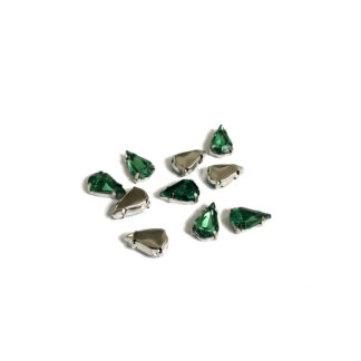 Silvery metal claws cup faceted drop green sew-on rhinestones - size 8 x 13 mm - 10 pieces
