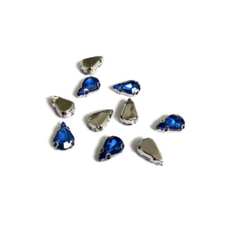 Silvery metal claws cup faceted drop blue sew-on rhinestones - size 8.5 x 13 mm - 10 pieces