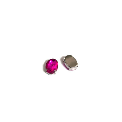 Silvery metal claws cup faceted oval pink sew-on rhinestones - size 10 x 14 mm - 2 pieces