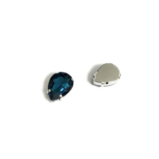 Silvery metal claws cup faceted drop greenish dark blue sew-on rhinestones - size 12 x 17 mm - 2 pieces
