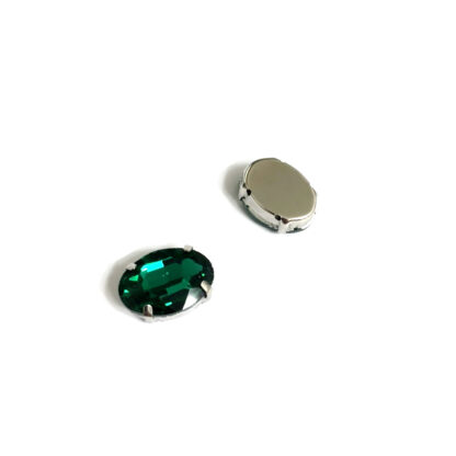 Silvery metal claws cup faceted oval green sew-on rhinestones - size 13 x 18 mm - 2 pieces