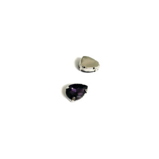 Silvery metal claws cup faceted drop dark purple sew-on rhinestones - size 10 x 14 mm - 2 pieces