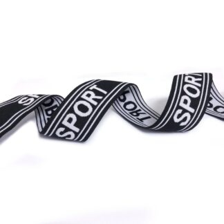 Flat black and white elastic band with word SPORT by metre - width 38 mm