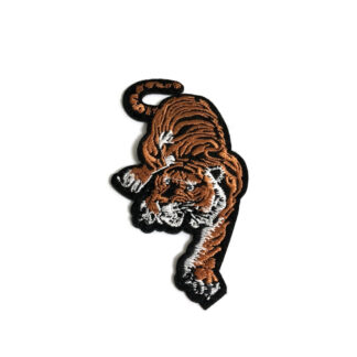 Brown and white tiger on black iron-on garment sticker by piece - size 60 x 87 mm