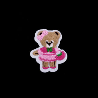 White and brown bear with pink and green dress and bow iron-on garment sticker by piece - size 45 x 53 mm
