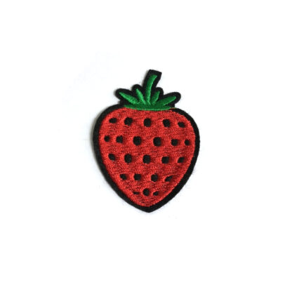 Red strawberry with green leaves on black iron-on garment sticker by piece - size 40 x 55 mm