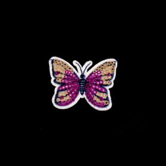 Golden and pink sequins blue butterfly on white iron-on garment sticker by piece - size 37 x 48 mm