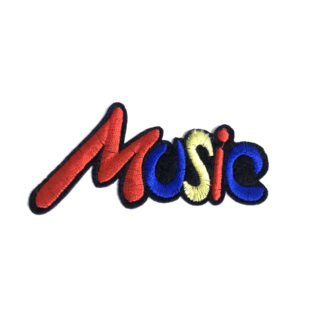 Red yellow and blue word Music on black iron-on garment sticker by piece - size 40 x 80 mm