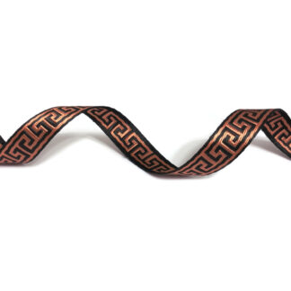 Ethnic black webbing with reddish orange fret pattern by metre - width 15 mm