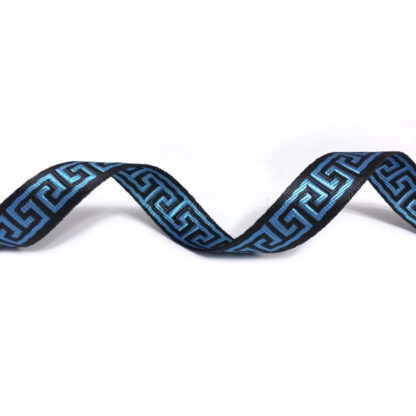 Ethnic black webbing with blue fret pattern by metre - width 15 mm