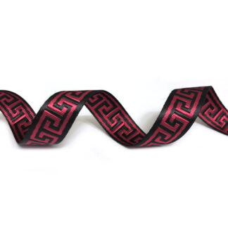 Ethnic black webbing with pinkish red fret pattern by metre - width 20 mm