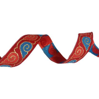 Embroided ethnic red ribbon with golden and blue wave pattern - width 20 mm
